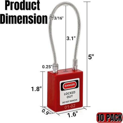 Noamus 10 Pack Lockout Tagout Locks, Steel Cable Compact Loto Safe Padlock Set, Red Keyed Lock with 20 Keys, Different Numbers Safety Locks for Electrical Stations and Devices Kits in Saudi Arabia