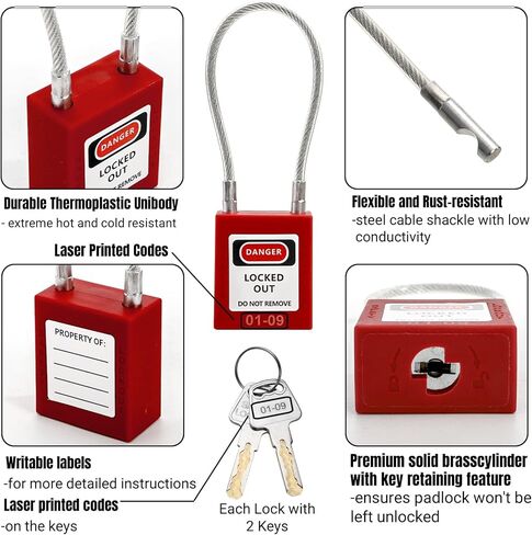 Noamus 10 Pack Lockout Tagout Locks, Steel Cable Compact Loto Safe Padlock Set, Red Keyed Lock with 20 Keys, Different Numbers Safety Locks for Electrical Stations and Devices Kits in Saudi Arabia