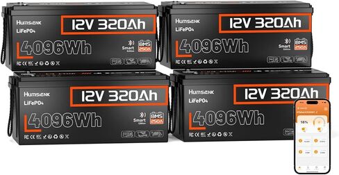 بطارية ليثيوم HumsiENK 12V 320Ah LiFePO4 مع بلوتوث، 250A BMS، 15000+ دورات 300Ah(320Ah) بطارية LiFePO4، IP65 وحماية درجة الحرارة المنخفضة، طاقة 4096Wh مثالية للمركبات الترفيهية خارج الشبكة والقوارب والطاقة الشمسية in Kuwait