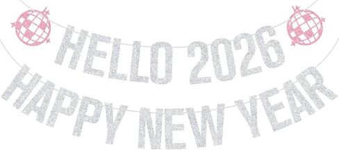 لافتة Pink Glitter Hello 2026 Happy New Year، خلفية صورة ليلة رأس السنة 2026، Cherrs to the New Year 2026 لوازم زينة الحفلات in Kuwait