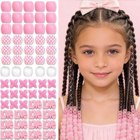 65PCS Red White Hair Beads for Kid Large Beads Dreadlock Jewelry for Braids Multi Shape Pony Loc Dreadlock Accessories Cute Braids Hair Decoration for Women and Girls in Saudi Arabia