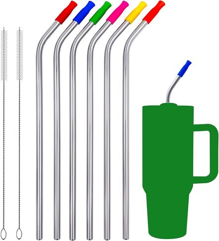 6 Pack 13 Inch Extra Long Reusable Bent Stainless Steel Metal Straws Compatible with Stanley Tumbler Cup 64 oz 40 oz 30 oz, 2 Cleaning Brush & 6 Silicone Tips in Saudi Arabia