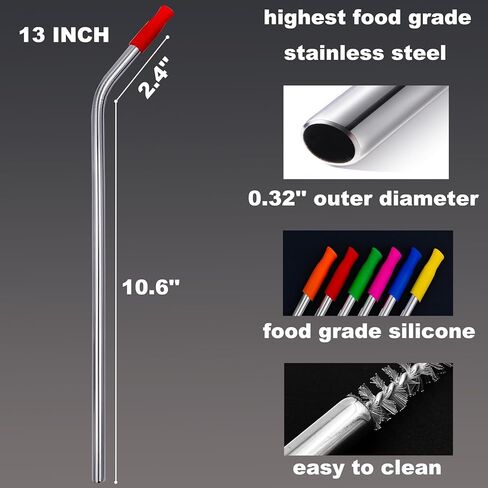 6 Pack 13 Inch Extra Long Reusable Bent Stainless Steel Metal Straws Compatible with Stanley Tumbler Cup 64 oz 40 oz 30 oz, 2 Cleaning Brush & 6 Silicone Tips in Saudi Arabia