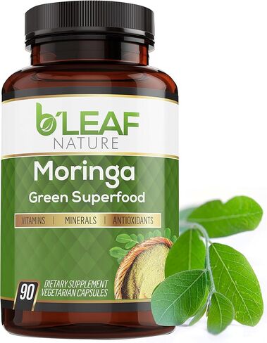 كبسولات B'Leaf Nature Moringa العضوية 1000 مجم - كبسولات مسحوق أوراق المورينغا أوليفيرا النقية للطاقة ودعم المناعة | أطعمة نباتية فائقة الجودة غير معدلة وراثيًا وخالية من الغلوتين | 180 كبسولة نباتية in Kuwait