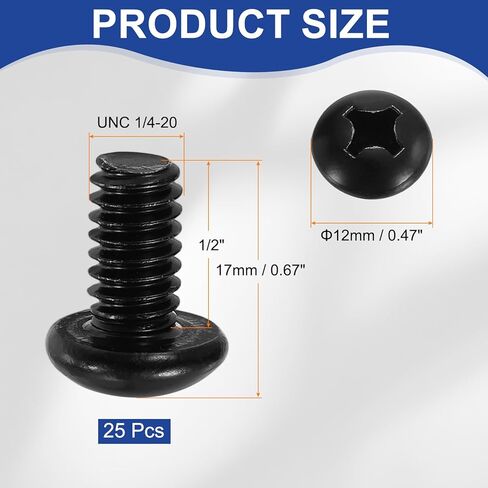PATIKIL 1/4-20 x 1/2" Pan Head Machine Screws, 25 Pcs 304 Stainless Steel Round Head Screws for Cabinet Drawer Knob Pull Handle, Phillips Drive, Fully Threaded, Black Oxidation in Saudi Arabia