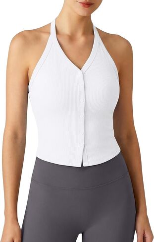 G4Free Ribbed Halter Crop Tank Tops Going Out Camisoles Backless Button Slim Fit Cropped Cami Top in Saudi Arabia