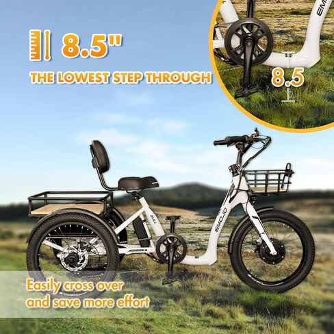 EMOJO Bull 8.5" Low Step Through Electric Tricycle for Adults Up to 100 Miles Long Range Ebike Trike with Differential 500W 7 Speed 20MPH Three Wheel Electric Bike in Saudi Arabia