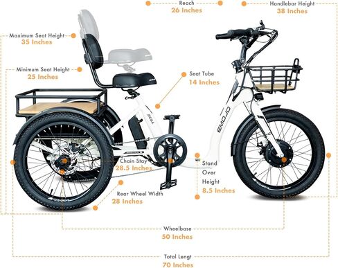 EMOJO Bull 8.5" Low Step Through Electric Tricycle for Adults Up to 100 Miles Long Range Ebike Trike with Differential 500W 7 Speed 20MPH Three Wheel Electric Bike in Saudi Arabia