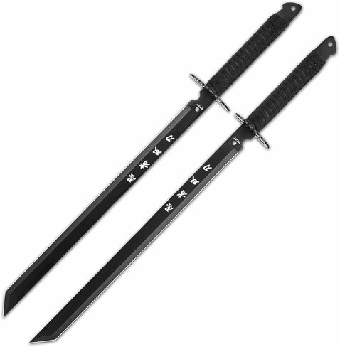 REAT Twin Ninja Sword Set with Sheath,26" Black Oxidized Stainless Steel Blades, Black Cord Wrapped Handles, Full Tang Design, Nylon Sheath That Holds Both Swords Includes Shoulder Strap in Kuwait