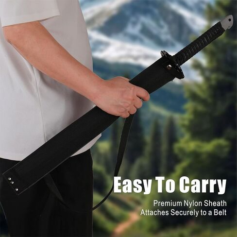 REAT Twin Ninja Sword Set with Sheath,26" Black Oxidized Stainless Steel Blades, Black Cord Wrapped Handles, Full Tang Design, Nylon Sheath That Holds Both Swords Includes Shoulder Strap in Kuwait