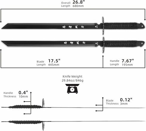 REAT Twin Ninja Sword Set with Sheath,26" Black Oxidized Stainless Steel Blades, Black Cord Wrapped Handles, Full Tang Design, Nylon Sheath That Holds Both Swords Includes Shoulder Strap in Kuwait