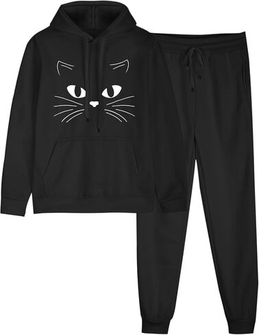 Cat Print Sweatsuit Sets for Women Casual Simple Long Sleeve Hoodies and Drawstring Elastic Waist Trousers 2 Piece in Saudi Arabia
