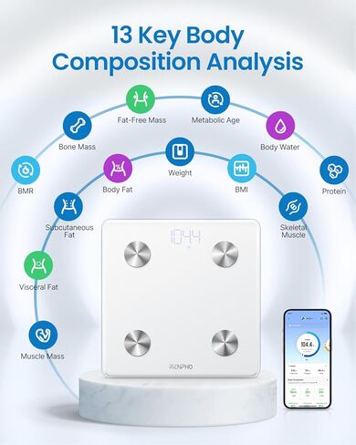 RENPHO Smart Scale, Digital Bathroom Scale for Weight, Scale with BMI, Body Fat, Muscle Mass, Body Composition Analysis, Highly Accurate Bluetooth Scale with APP, 400lbs, White-Elis 1 in Saudi Arabia