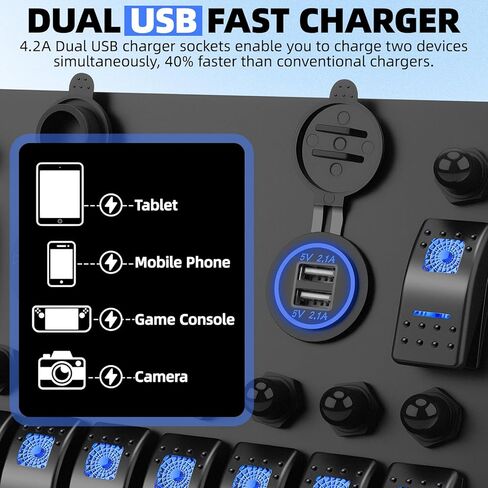 لوحة مفاتيح هزازة بحرية 10 عصابة، لوحة مفاتيح تبديل القارب مع قاطع دائرة إعادة الضبط، الفولتميتر، مقبس ولاعة سجائر السيارة 4.2 أمبير، شاحن USB مزدوج 12 فولت 24 فولت وتحكم، لشاحنة القوارب البحرية RV in Kuwait