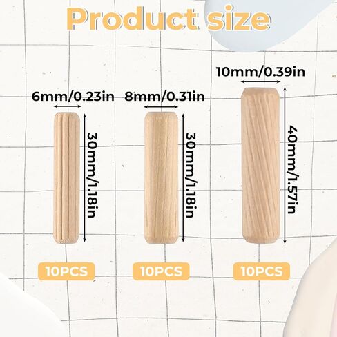 30 PCS Wood Dowels, 1/4" 3/8" 5/16" Fluted Wooden Dowel Pins Pegs Assortment Woodworking Dowels Hard Wood Grooved Plugs for Crafts, Furniture, DIY Manual, Table Legs, Wooden Frames in Saudi Arabia
