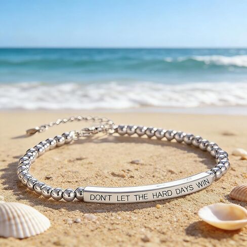 Stainless Steel Beaded Inspirational Bracelet DON'T LET THE HARD DAYS WIN Adjustable Curved Bar Bracelet with Encouragement Card Motivational Jewelry for Women Men in Saudi Arabia