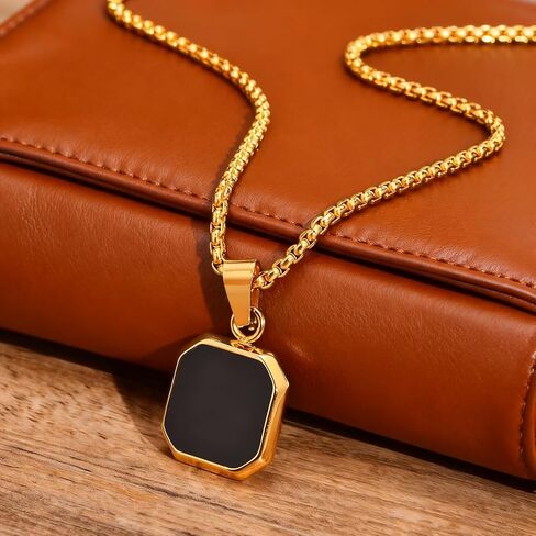 18k Gold Plated Necklace Black Acrylic Pendant Necklace for Men Women Stainless Steel Necklace Square Pendant in Saudi Arabia