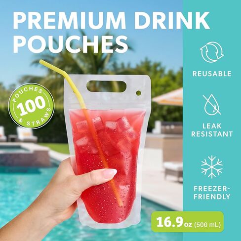 أكياس مشروبات شفافة للبالغين من السيدة سيبي - 100 كيس مشروبات بلاستيكي قابل لإعادة الاستخدام مع شفاطات - أكياس عصير وعصائر وكحول قابلة للتجميد سعة 17 أونصة in Kuwait