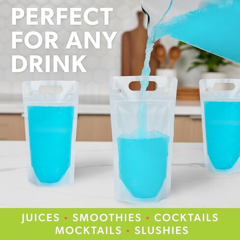 أكياس مشروبات شفافة للبالغين من السيدة سيبي - 100 كيس مشروبات بلاستيكي قابل لإعادة الاستخدام مع شفاطات - أكياس عصير وعصائر وكحول قابلة للتجميد سعة 17 أونصة in Kuwait
