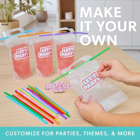 أكياس مشروبات شفافة للبالغين من السيدة سيبي - 100 كيس مشروبات بلاستيكي قابل لإعادة الاستخدام مع شفاطات - أكياس عصير وعصائر وكحول قابلة للتجميد سعة 17 أونصة in Kuwait