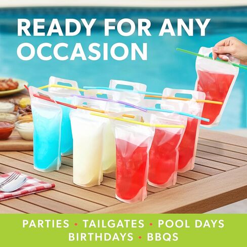 أكياس مشروبات شفافة للبالغين من السيدة سيبي - 100 كيس مشروبات بلاستيكي قابل لإعادة الاستخدام مع شفاطات - أكياس عصير وعصائر وكحول قابلة للتجميد سعة 17 أونصة in Kuwait