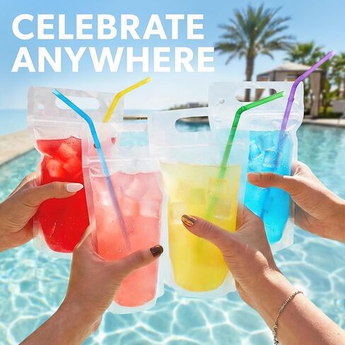 أكياس مشروبات شفافة للبالغين من السيدة سيبي - 100 كيس مشروبات بلاستيكي قابل لإعادة الاستخدام مع شفاطات - أكياس عصير وعصائر وكحول قابلة للتجميد سعة 17 أونصة in Kuwait