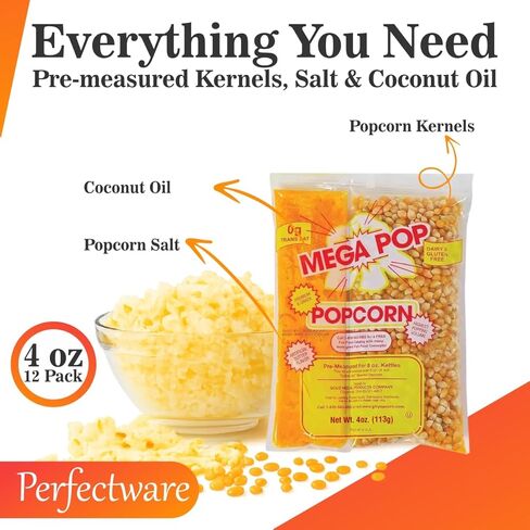 Perfectware All in One Popcorn Portion Packets with Kernels, Salt, and Coconut Oil for Popping Machine, 4 oz, 12 Count in Kuwait