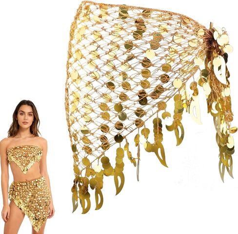 وشاح الورك للرقص الشرقي للسيدات مع تنانير مثلثة ملتفة بالترتر وشاح للخصر وسلسلة للورك، تنورة رقص بطن حلوة ملفوفة للعملات المعدنية اللامعة بالترتر، زي للنساء باللون الذهبي in Kuwait