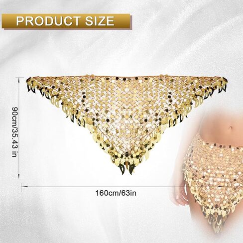 وشاح الورك للرقص الشرقي للسيدات مع تنانير مثلثة ملتفة بالترتر وشاح للخصر وسلسلة للورك، تنورة رقص بطن حلوة ملفوفة للعملات المعدنية اللامعة بالترتر، زي للنساء باللون الذهبي in Kuwait