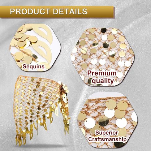 وشاح الورك للرقص الشرقي للسيدات مع تنانير مثلثة ملتفة بالترتر وشاح للخصر وسلسلة للورك، تنورة رقص بطن حلوة ملفوفة للعملات المعدنية اللامعة بالترتر، زي للنساء باللون الذهبي in Kuwait