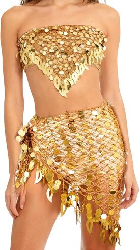 وشاح الورك للرقص الشرقي للسيدات مع تنانير مثلثة ملتفة بالترتر وشاح للخصر وسلسلة للورك، تنورة رقص بطن حلوة ملفوفة للعملات المعدنية اللامعة بالترتر، زي للنساء باللون الذهبي in Kuwait