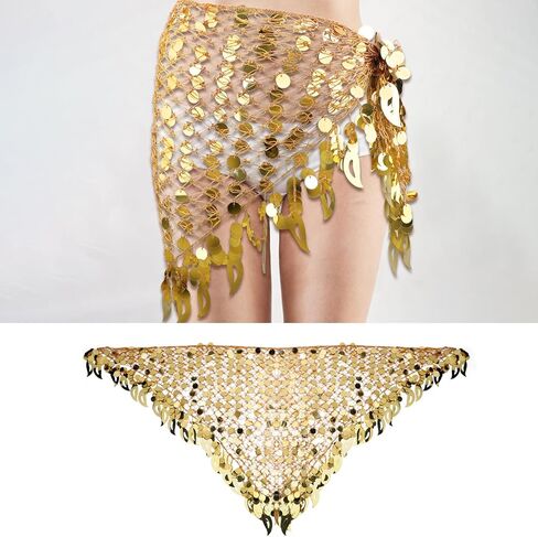وشاح الورك للرقص الشرقي للسيدات مع تنانير مثلثة ملتفة بالترتر وشاح للخصر وسلسلة للورك، تنورة رقص بطن حلوة ملفوفة للعملات المعدنية اللامعة بالترتر، زي للنساء باللون الذهبي in Kuwait