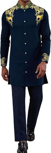 Mens Long African 2 Piece Set Nigerian Dashiki Metallic Traditional Suit Gold Stamp Printed Shirt and Pants Outfit in Kuwait