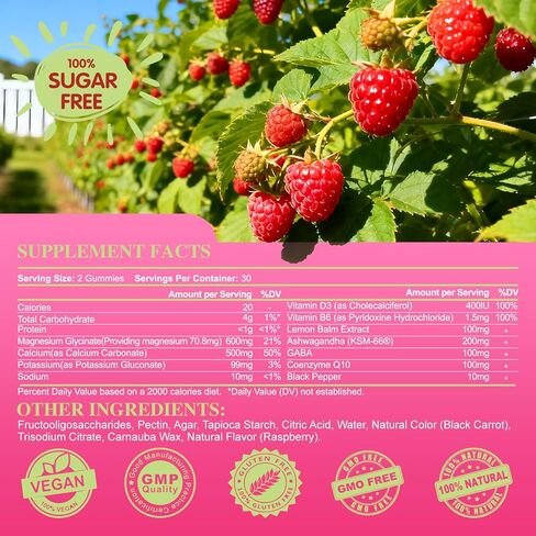 علكات جليسينات المغنيسيوم 600 مجم، علكات مغنيسيوم خالية من السكر للبالغين مع اشواغاندا، بلسم الليمون والغابا للنوم ودعم المزاج والاسترخاء، نباتي، 60 توت in Kuwait