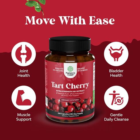Natures Craft Extra Strength Tart Cherry Capsules - Tart Cherry Extract Capsules for Uric Acid Cleanse for Kidney Support - Fruit Extract Supplement for Urinary Tract Health & Joint Support - 240 Ct in Saudi Arabia
