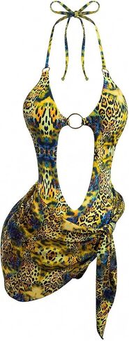 طقم ملابس سباحة نسائي من Verdusa مكون من قطعتين قطعة واحدة بطبعة الفهد مع تنورة لتغطية ملابس العطلات in Kuwait