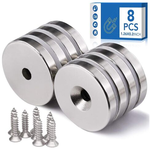 Lovimag Neodymium Discium Discsunk Hole Magnets ، 1.26 بوصة × 0.2 بوصة مغناطيسات أرضية نادرة دائمة قوية مع مسامير - حزمة 12 in Kuwait