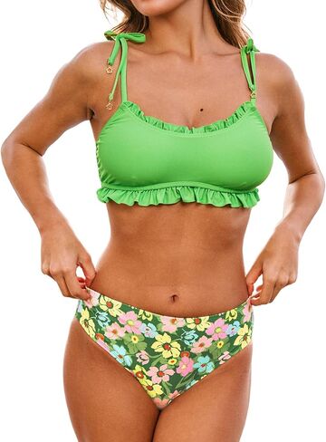 CUPSHE Women's Bikini Set Cute Two Piece Swimsuit Scoop Neck Ruffle Trim Bathing Suit Back Self Tie in Saudi Arabia