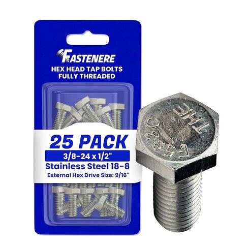 3/8-24 x 1/2" Hex Head Cap Screw Bolts, External Hex Drive, Stainless Steel 18-8, Full Thread, Bright Finish, Flat Point, Quantity 25 in Saudi Arabia
