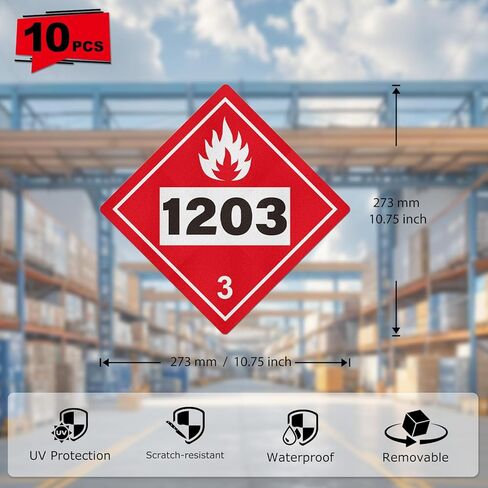 10 Pack 1203 Placard 10.75 × 10.75 Inches Hazard Class 3 Flammable Liquids Stickers Waterproof Vinyl Self Adhesive Removable Signs for Shipping Transportation Storage in Saudi Arabia