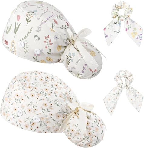 2 Pack Scrub Caps Women Nurse Surgical Hat with Buttons Adjustable Bouffant Hats Working Cap with Bow Hair Scrunchy in Saudi Arabia