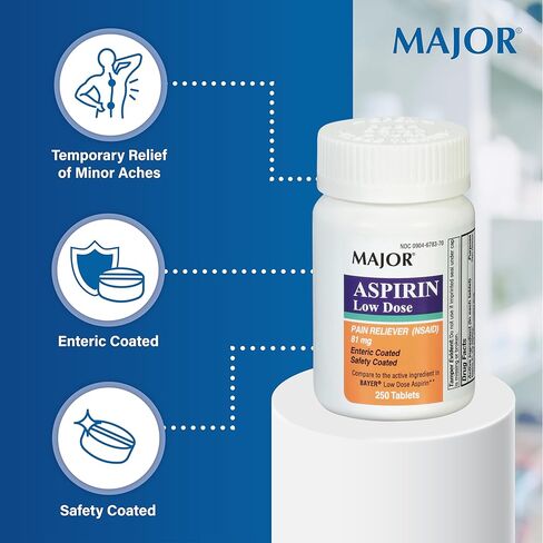 MAJOR Aspirin Low Dose 81 Mg - Pain Reliever (NSAID) - Enteric Coated - 250 Tablets in Saudi Arabia