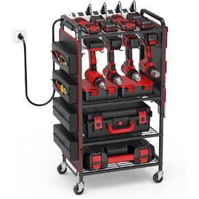 JUNNUJ Large Power Tool Organizer Cart with Charging Station and Heavy Duty Tool Bag, Garage Drill and Tools Battery Holder Storage Rack with 8 Outlet Power Strip, Utility Rolling Shelf on Wheels in Kuwait