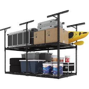 FLEXIMOUNTS 4x8 2-Tier Overhead Garage Storage Rack – Adjustable Heavy Duty Metal Garage Ceiling Storage Racks, 1000 lbs Capacity – Garages Organization System for 9–15 ft Tall Garages, Black in Kuwait