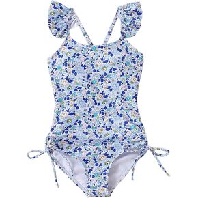 Girls Swimsuit Floral One Piece Bathing Suit Ruffle Strap Swimwear Drawstring Swimsuits for Teens 5-14Y with Padded in Kuwait