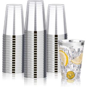 BESTVIP 12oz Silver Plastic Cups, 100 Pack Silver Rimmed Disposable Cups, Heavy-duty Party Cocktail Glasses for Christmas, Plastic Cups for Party, Holiday, Wedding and Birthday in Kuwait