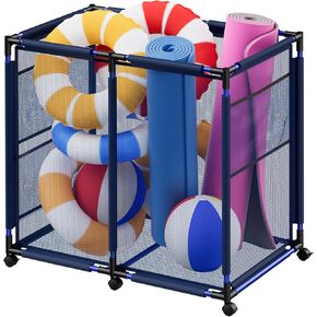 صندوق تخزين كبير لحمام السباحة، عربة تنظيم حامل معدات السباحة المعدنية المتدحرجة مع شبكة، بني L in Kuwait