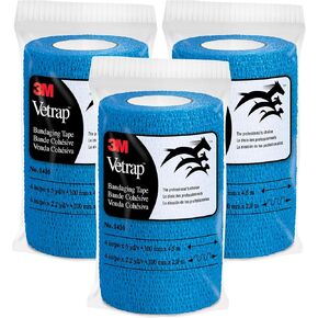 شريط ضمادات Vetrap 3M، أزرق، 4 بوصة × 5 ياردة، 3 عبوات (3 لفات)، غلاف متماسك ذاتي الالتصاق، تمزيق اليد، خالٍ من اللاتكس، لا يسبب الحساسية، يلتصق بنفسه وليس فرو in Kuwait