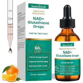 NAD+ قطرات الجلوتاثيون السائلة مع أستازانتين الشحمي - يدعم الطاقة الخلوية، عمل مزدوج مضاد للأكسدة، شيخوخة صحية - امتصاص سريع، توافر بيولوجي عالي، نباتي، 2.04 أونصة سائلة in Kuwait