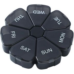 7 Day Pill Organizer, Circular Portable Pill Case with 7 Color-Coded Compartments, Transparent Petal-Shaped Weekly Pill Box for Vitamins, Supplements, Medication Black in Saudi Arabia